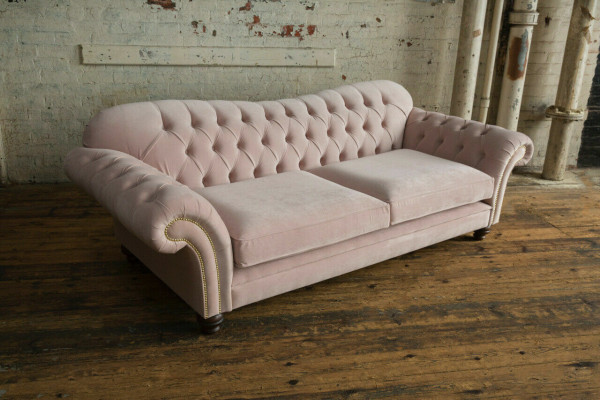 Divano Chesterfield classico 4 posti in velluto e pelle design rosa 240cm