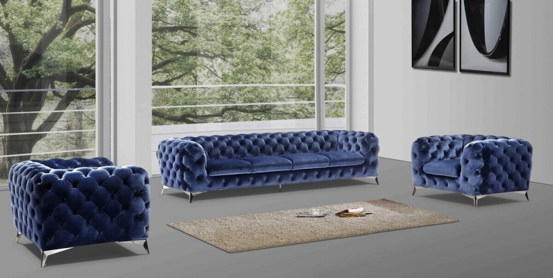 Divano Chesterfield blu in tessuto di tappezzeria 2+2 design di alta qualità.