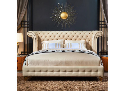 Camera da letto classica Letto Beige Tessuto Pelle Imbottito Letto matrimoniale 180x200cm