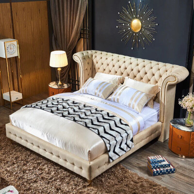 Camera da letto classica Letto Beige Tessuto Pelle Imbottito Letto matrimoniale 180x200cm