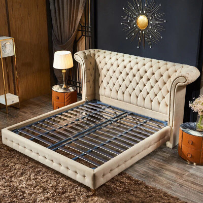 Camera da letto classica Letto Beige Tessuto Pelle Imbottito Letto matrimoniale 180x200cm