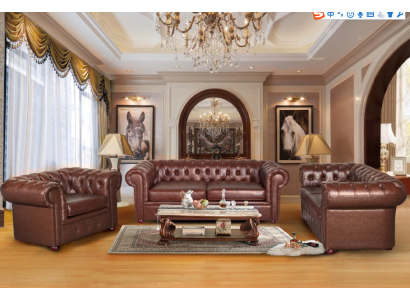 Classico divano Chesterfield in pelle marrone con imbottitura, set da soggiorno a 3 posti.