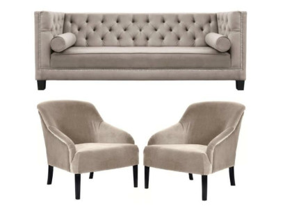 Chesterfield Beige Poltrona Set di mobili di lusso in tessuto beige nuovo