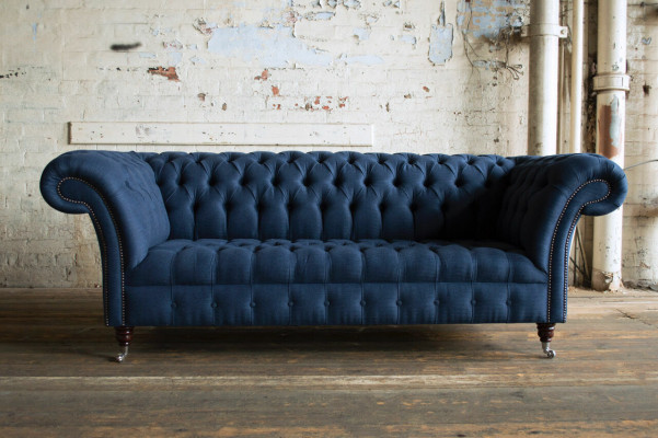 Testo in tessuto blu Chesterfield divano a 4 posti design poltrona
