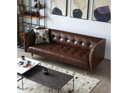 Sofà in pelle Chesterfield marrone di lusso a 3 posti.