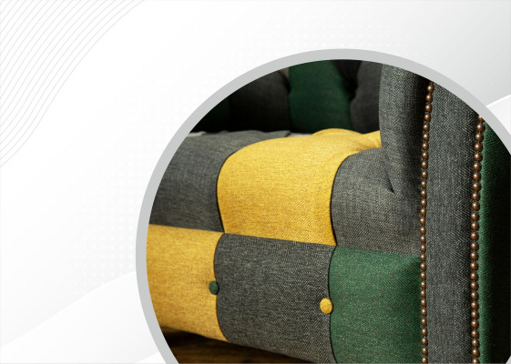 Chesterfield poltrona divano da TV 1,5 posti in tessuto imbottito.