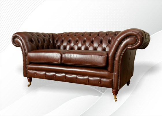 Divano Chesterfield 2 posti, design imbottito, divani in pelle, originale marrone.