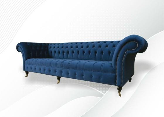 Divano design 4 posti in tessuto blu, divano classico Chesterfield nuovo.