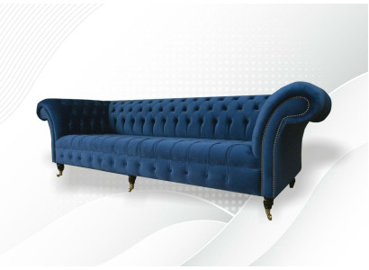 Divano design 4 posti in tessuto blu, divano classico Chesterfield nuovo.