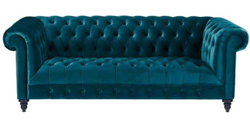 Chesterfield divano in velluto turchese di lusso con bottoni, divano a tre posti.