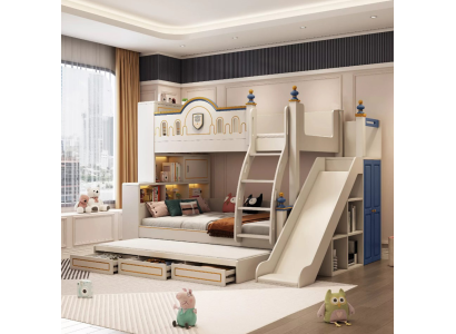 Letto a castello per bambini dal design moderno per bambini in rosa con scivolo.