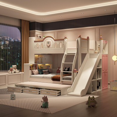 Letto a castello per bambini dal design moderno per bambini in rosa con scivolo.