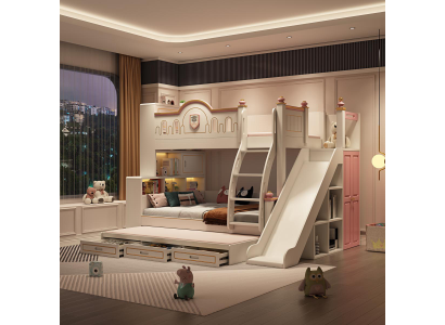 Letto a castello per bambini dal design moderno per bambini in rosa con scivolo.