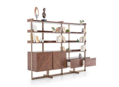 Moderno mobile soggiorno vetrina in legno vero marrone scaffale libreria.