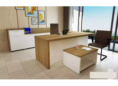 Ufficio Set moderno Scrivania ad angolo Tavolino marrone Armadietto per documenti 3 pezzi.