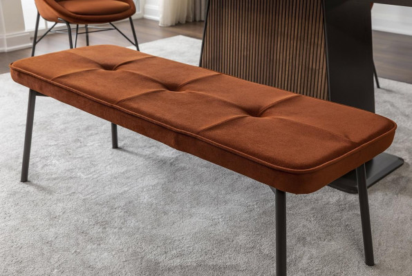 Mobili da seduta, panca imbottita, panca in legno, imbottita, stoffa, moderna, arancione, nuova.