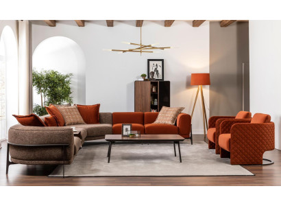 Moderno divano ad angolo a L in tessuto in acciaio inox per il soggiorno. Nuovo.