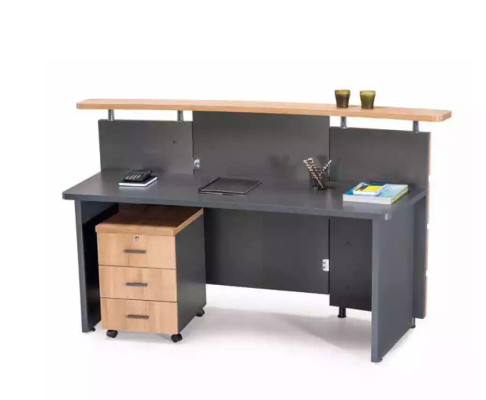 Moderno bancone d'accoglienza con cassettiera in legno grigio, mobili per ufficio nuovi.