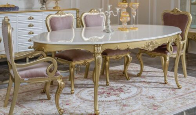 Set sala da pranzo design 8 pezzi tavolo sedia cassettone vetrina specchio  Set sala da pranzo design 8 pezzi: tavolo, sedia, cassettone, vetrina, specchio