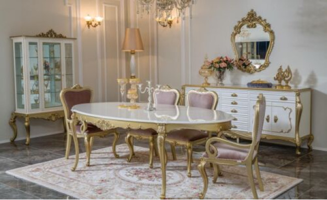 Set sala da pranzo design 8 pezzi tavolo sedia cassettone vetrina specchio  Set sala da pranzo design 8 pezzi: tavolo, sedia, cassettone, vetrina, specchio