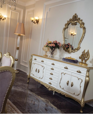Set sala da pranzo design 8 pezzi tavolo sedia cassettone vetrina specchio  Set sala da pranzo design 8 pezzi: tavolo, sedia, cassettone, vetrina, specchio