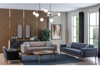 Set da soggiorno moderno di lusso 4 pezzi. Divano a 4 posti, poltrona, tavolino in legno.