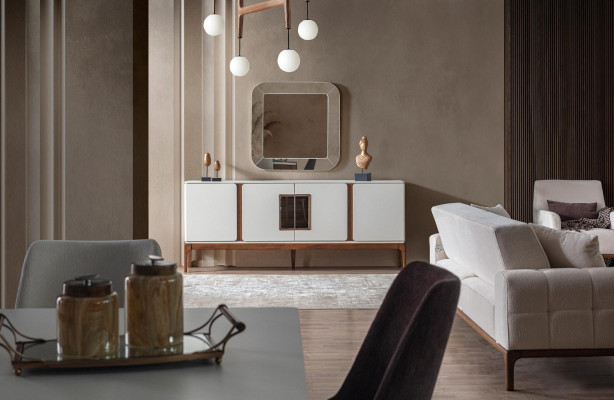 Set da pranzo di lusso con credenza, specchio, gruppo da pranzo moderno composto da 2 pezzi, comò.