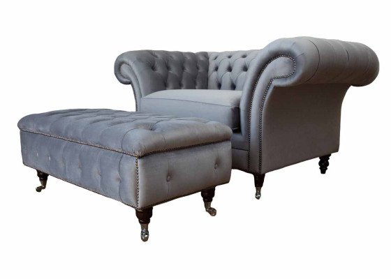 Chesterfield poltrona con poggiatesta, poggiapiedi, poltrona, divano, set imbottito grigio in tessuto