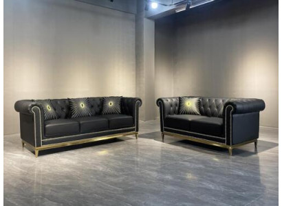 Set da divano Chesterfield nero per il soggiorno di lusso 3+2 posti 2 pezzi.