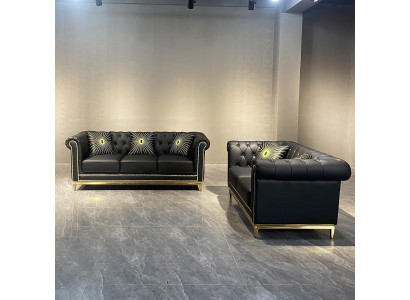 Set da divano Chesterfield nero per il soggiorno di lusso 3+2 posti 2 pezzi.