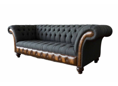 Design Divano Nero 3 Posti Chesterfield in Tessuto - Nuovo Sofà Imbottito