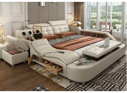 Letto multifunzione di design di lusso in pelle, letto matrimoniale con doppio ripiano 180x200cm