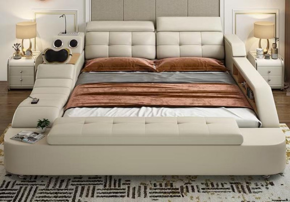 Letto multifunzione di design di lusso in pelle, letto matrimoniale con doppio ripiano 180x200cm
