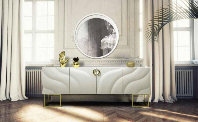 xxl Credenza di lusso con specchio 220 cm Mobile basso Cassettiera
