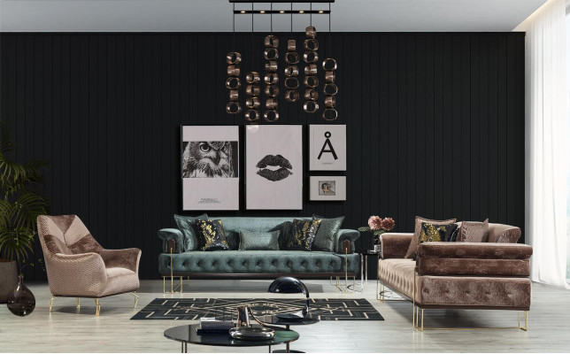 Divano marrone Chesterfield set da salotto 3+1 posti in tessuto per il soggiorno.