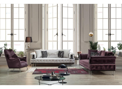 Divano viola Chesterfield a 3 posti + 1 posti, set per soggiorno.