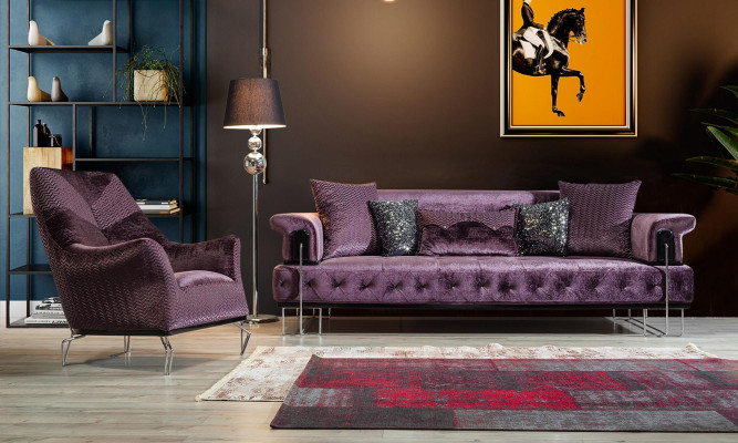 Divano viola Chesterfield a 3 posti + 1 posti, set per soggiorno.