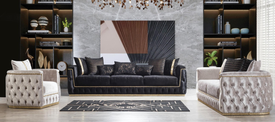 Set di divani Chesterfield di lusso 3+1 posti, rivestimento in velluto dorato.