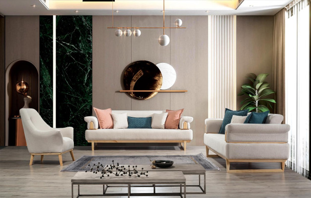 Set di divani moderni 3+3+1 posti in legno con tessuto