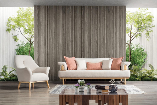 Set di divani moderni 3+3+1 posti in legno con tessuto