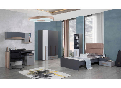 Stanza per ragazzi grigia Armadio Scaffale Libreria per bambini Letto 5 pezzi