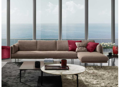 Divano d'angolo marrone a forma di L, design moderno, tessuto in tessuto per soggiorno.