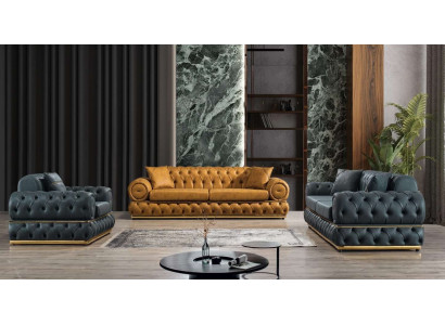 Set da soggiorno composto da divano 3+3+1 posti, divano poltrona, divani in pelle stile Chesterfield di lusso.