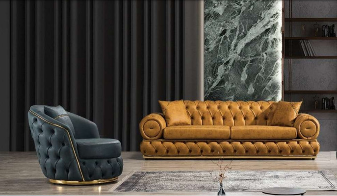 Set da divano 3+1 posti in pelle di lusso Chesterfield.