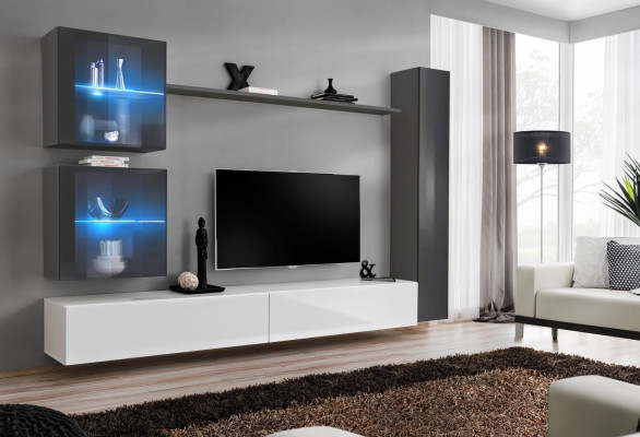 Mobile TV moderno con parete attrezzata design, arredamento grigio, credenza.