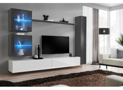 Mobile TV moderno con parete attrezzata design, arredamento grigio, credenza.