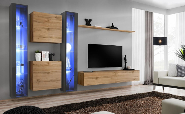 Set parete soggiorno completamente marrone con vetrina sospesa, armadio a parete arredamento design moderno.