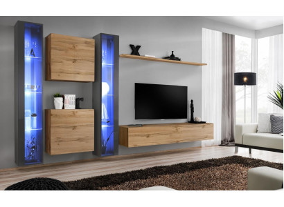 Set parete soggiorno completamente marrone con vetrina sospesa, armadio a parete arredamento design moderno.