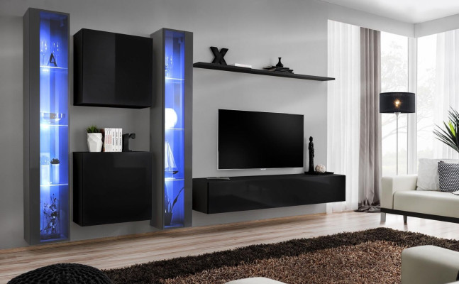 Set di parete completa con mobili in legno lusso per l'arredamento con armadio e vetrina.