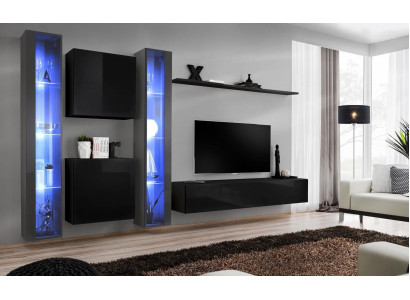 Set di parete completa con mobili in legno lusso per l'arredamento con armadio e vetrina.